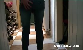 Skinny girl shitting in tight jeans