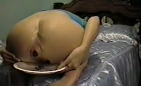 Blonde babe shits on her knees