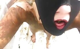 Slut holding shit in mouth