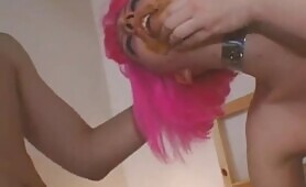 Pink Hair Slut Pisses on Man's Chest and Smears Shit on Face